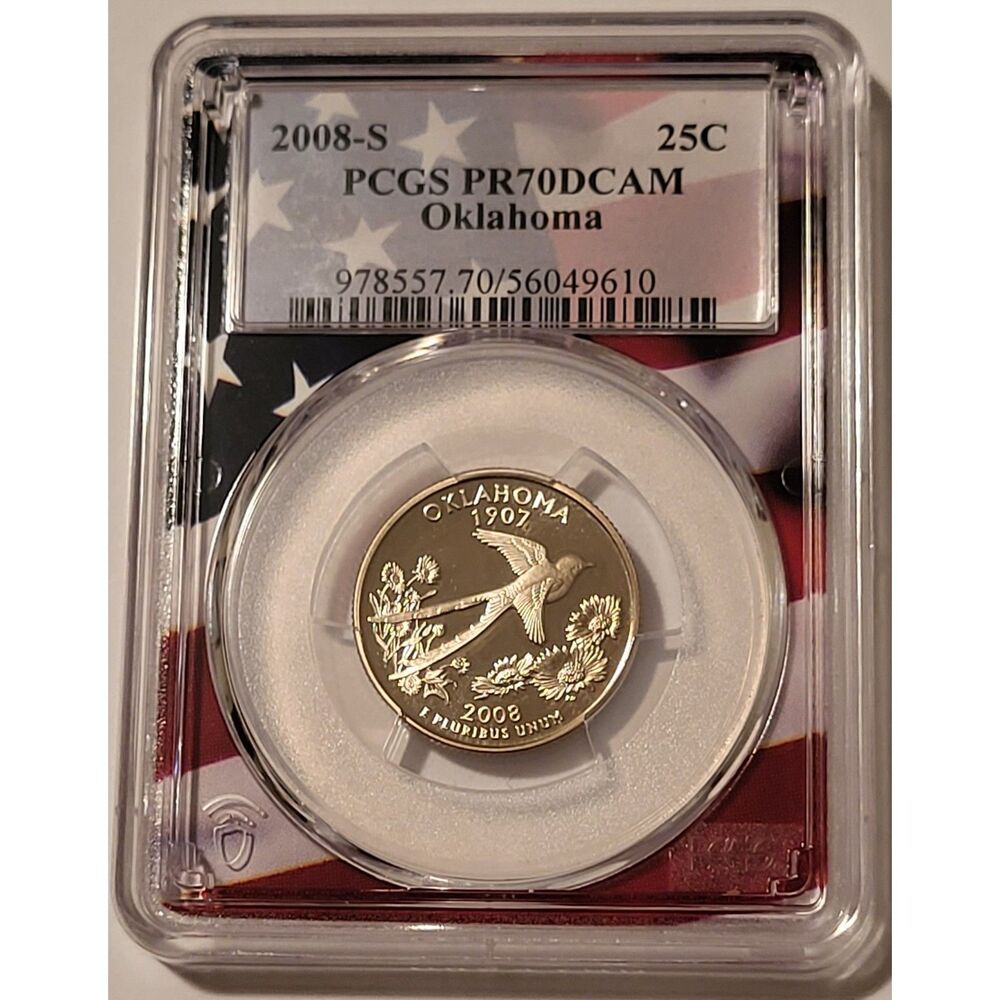 2008 S Clad Oklahoma State Quarter Proof PR70 DCAM PCGS Flag Frame Holder